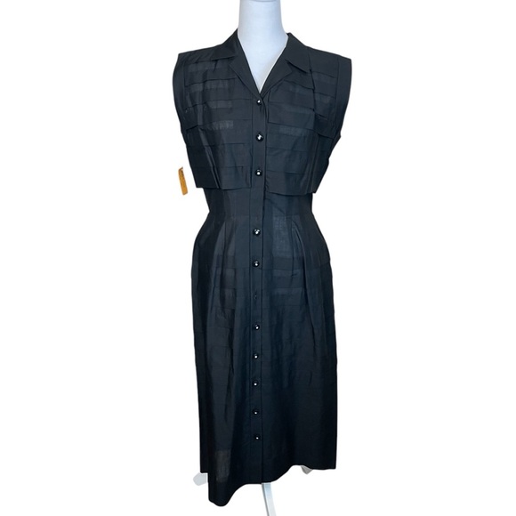 Vtg R&K Originals Black Cotton Dress Button Front Fitted Snap Waist Goth Dark - Picture 1 of 14
